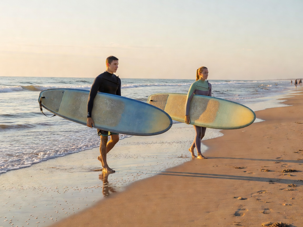 Two beginners walking down the beach carrying long soft-top boards under their arms toward small waves