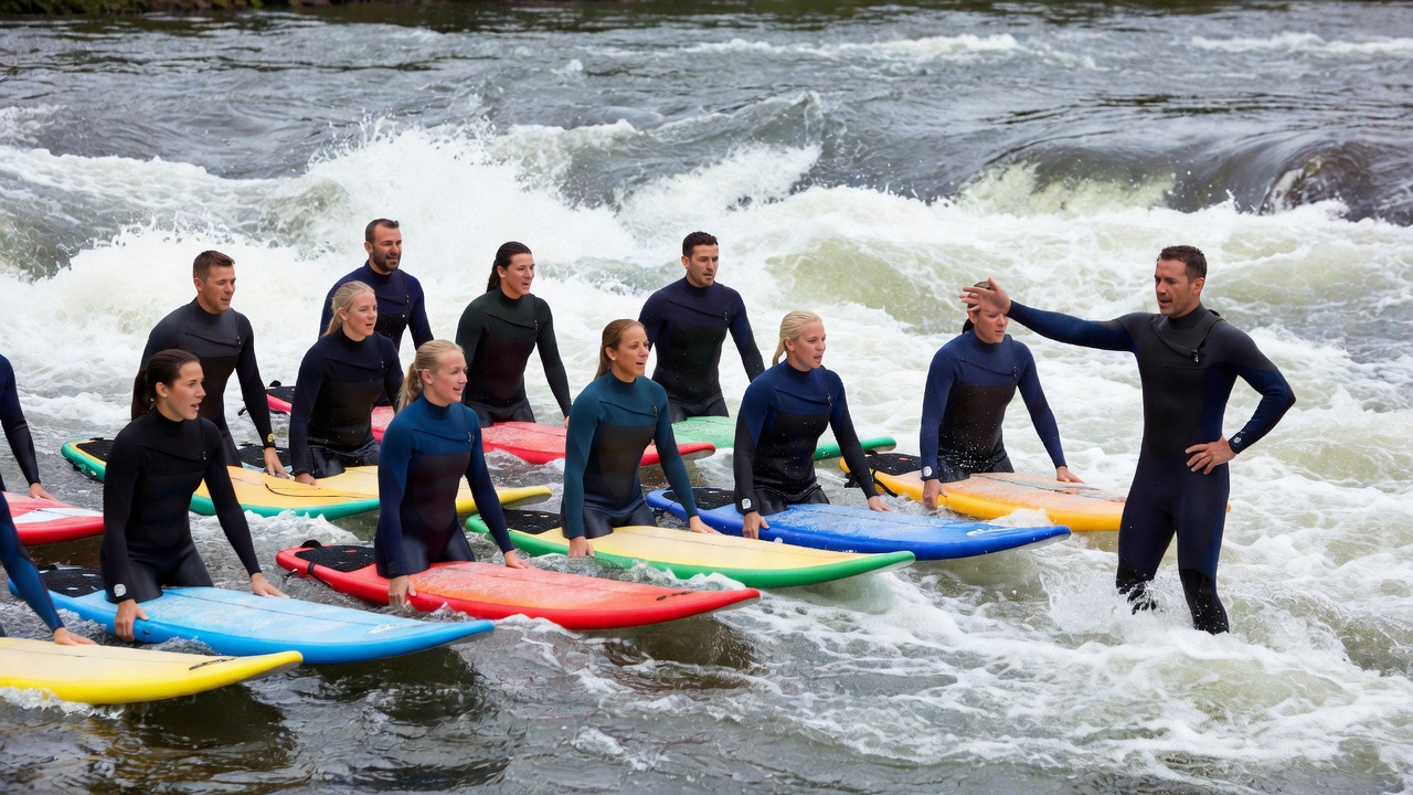 Group of beginners in wetsuits standing waist-deep in whitewater with soft-top boards while an instructor gives directions