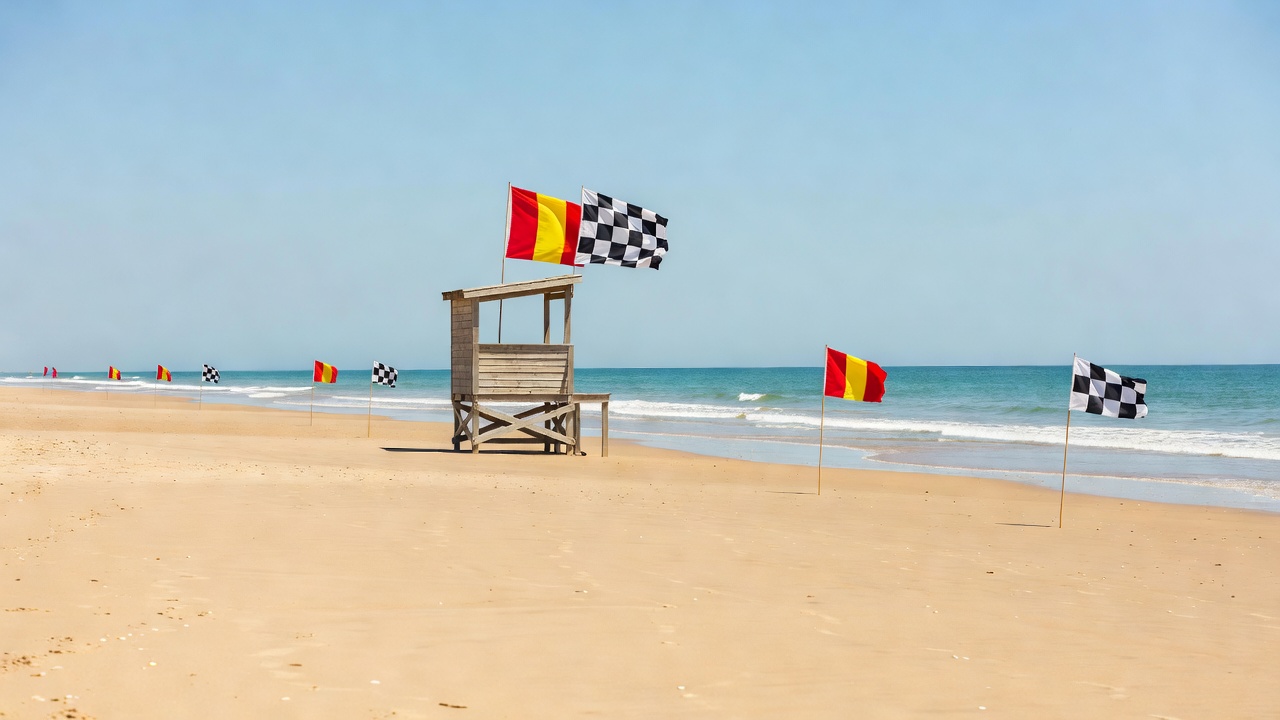 Lifeguard hut with red-and-yellow and black-and-white chequered flags on a wide sandy beach with small surf