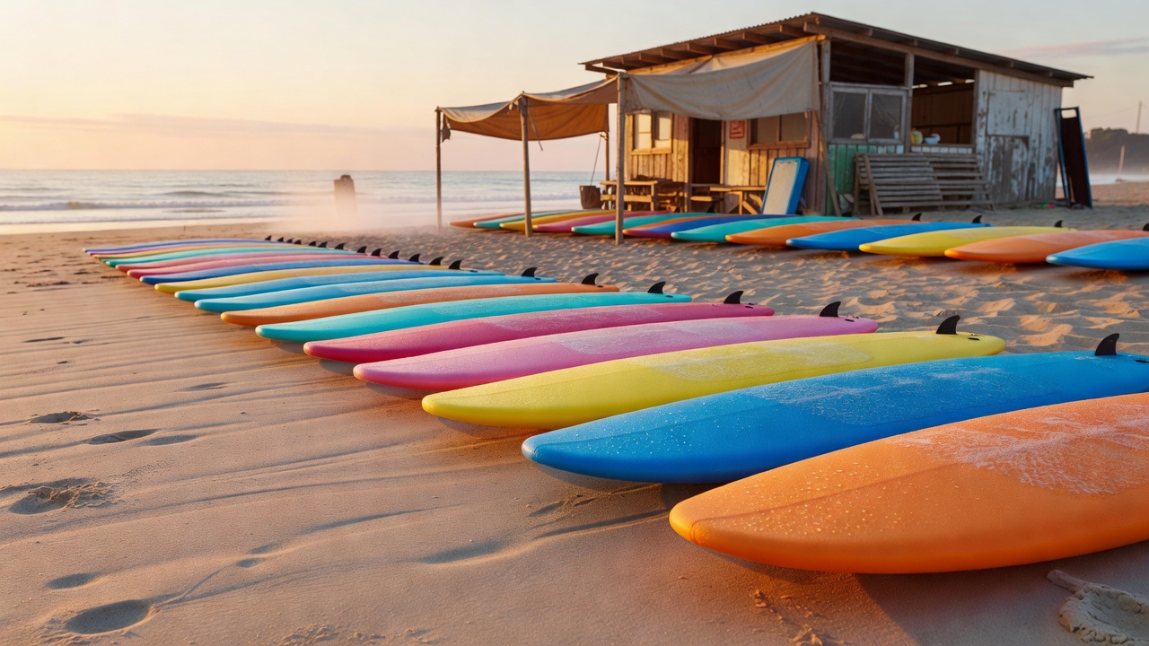 Row of colourful foam soft-top surfboards lined up on the sand outside a beach surf school in morning light